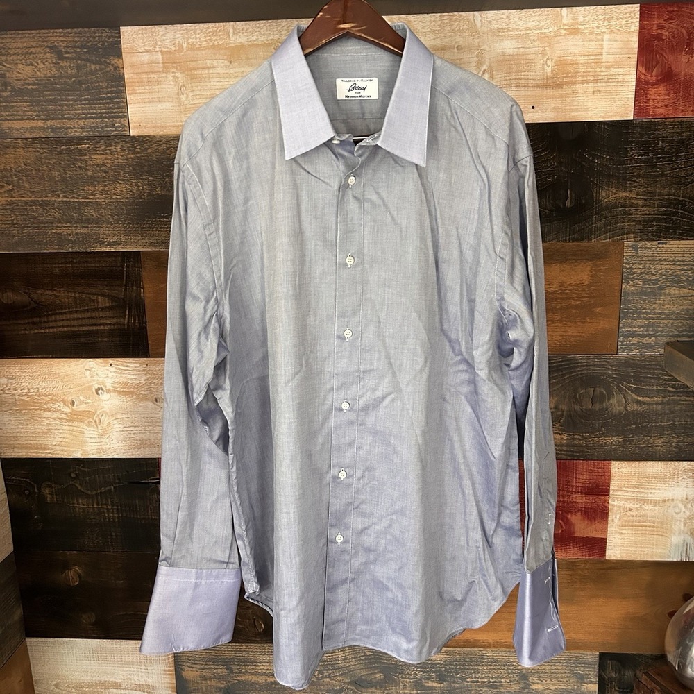 Brioni Neiman Marcus Dress Shirt Mens 18 L Blue Cotton Long Sleeve Made In Italy